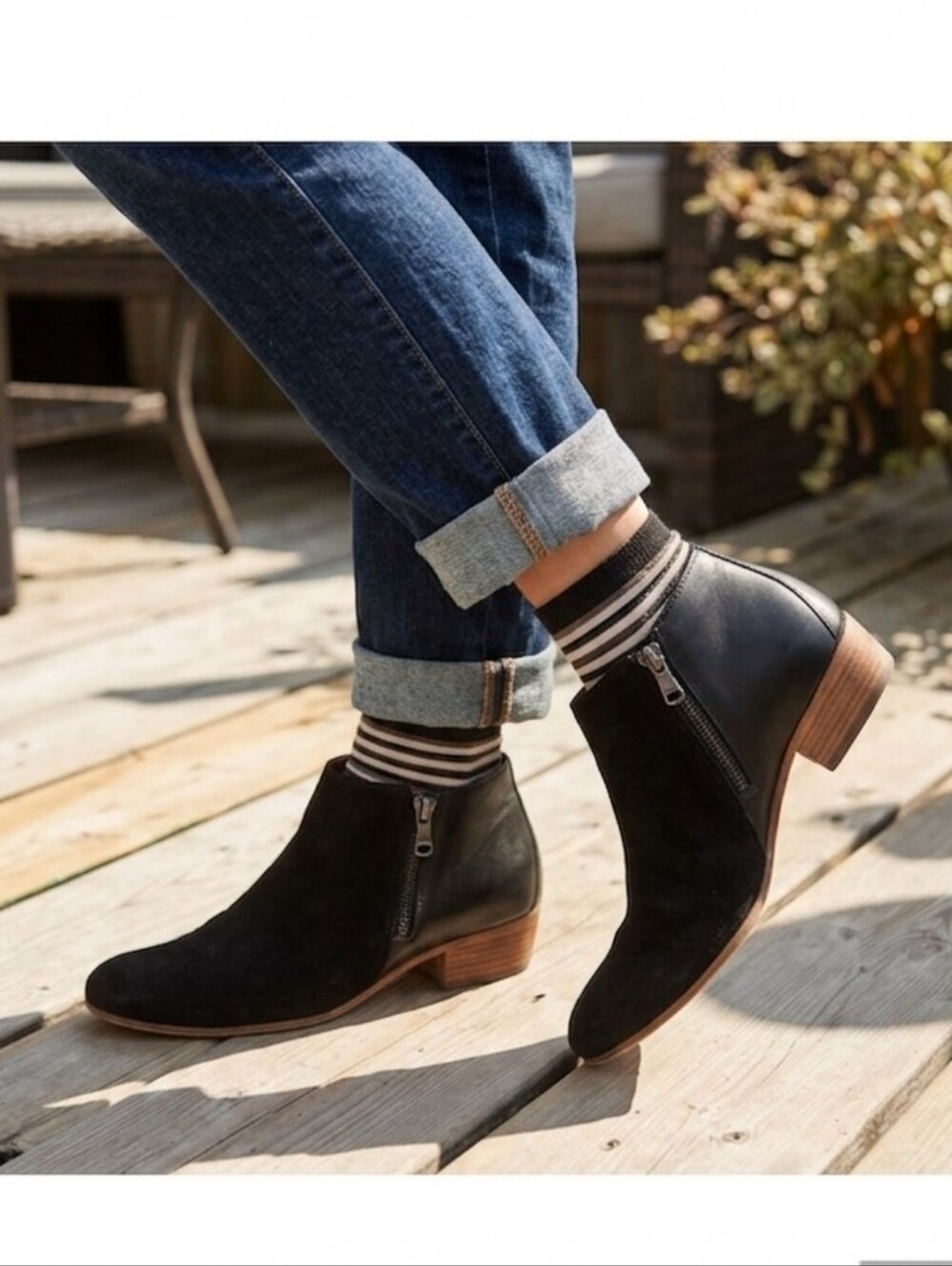 RON WHITE two tone black suede leather short booties, basic boot size 38.5